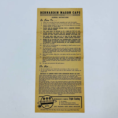 1940s Bernardin Mason Caps Canning Instructions Leaflet Fold Out D3