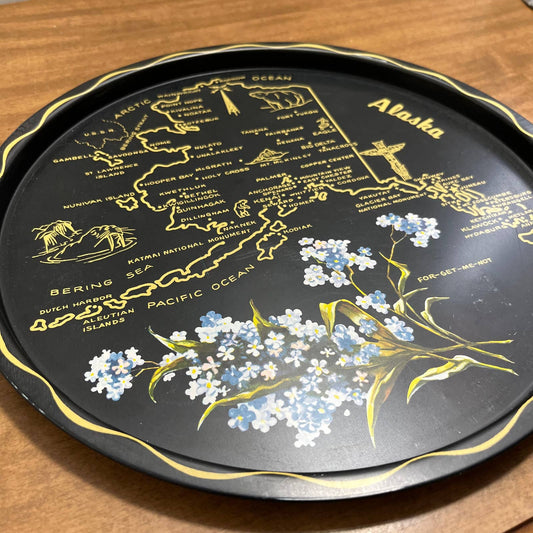 Vintage Black & Gold Metal State Souvenir Plate Tray Alaska 11” TG7