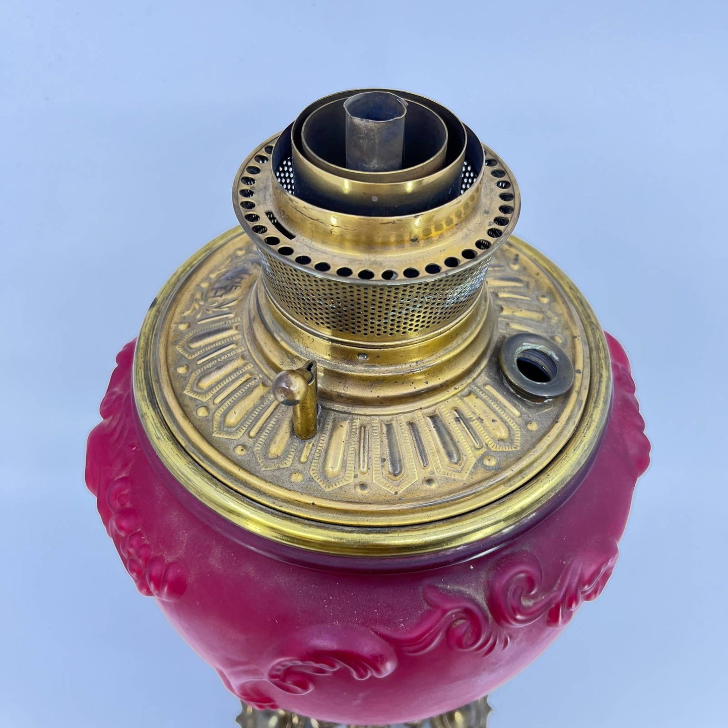 Antique B & H Red Satin Glass and Brass Gone With the Wind Lamp Base LB4