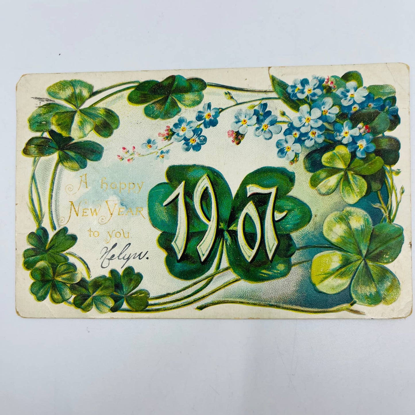 1907 Christmas New Year’s Post Card Raphael Tuck Clover Flowers Embossed PA3