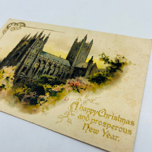 1910s Christmas Post Card Canterbury Castle Lithograph Gilt PA4