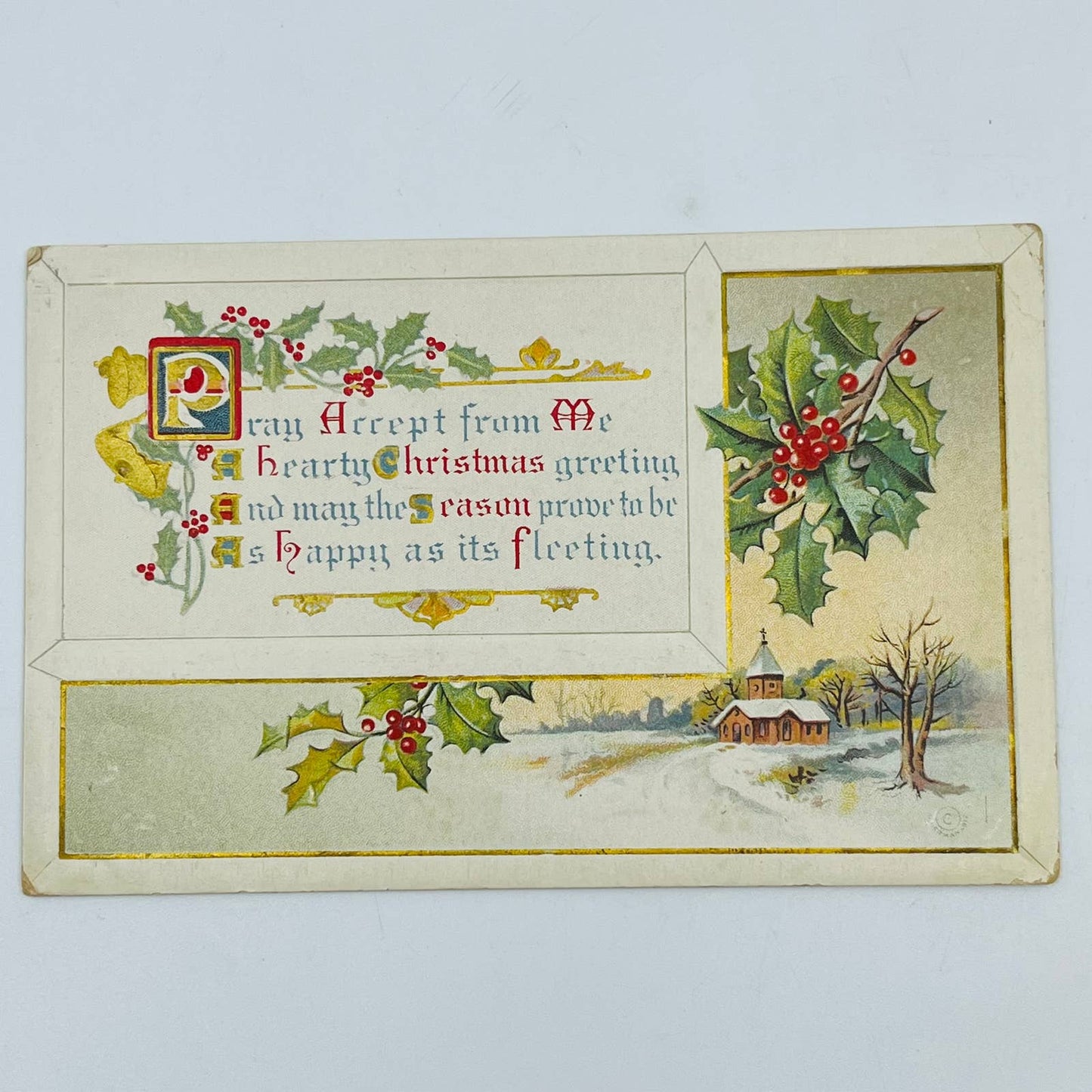 1910s Christmas Post Card Embossed  Church Bells Holly Snow Poem Dresden PA4