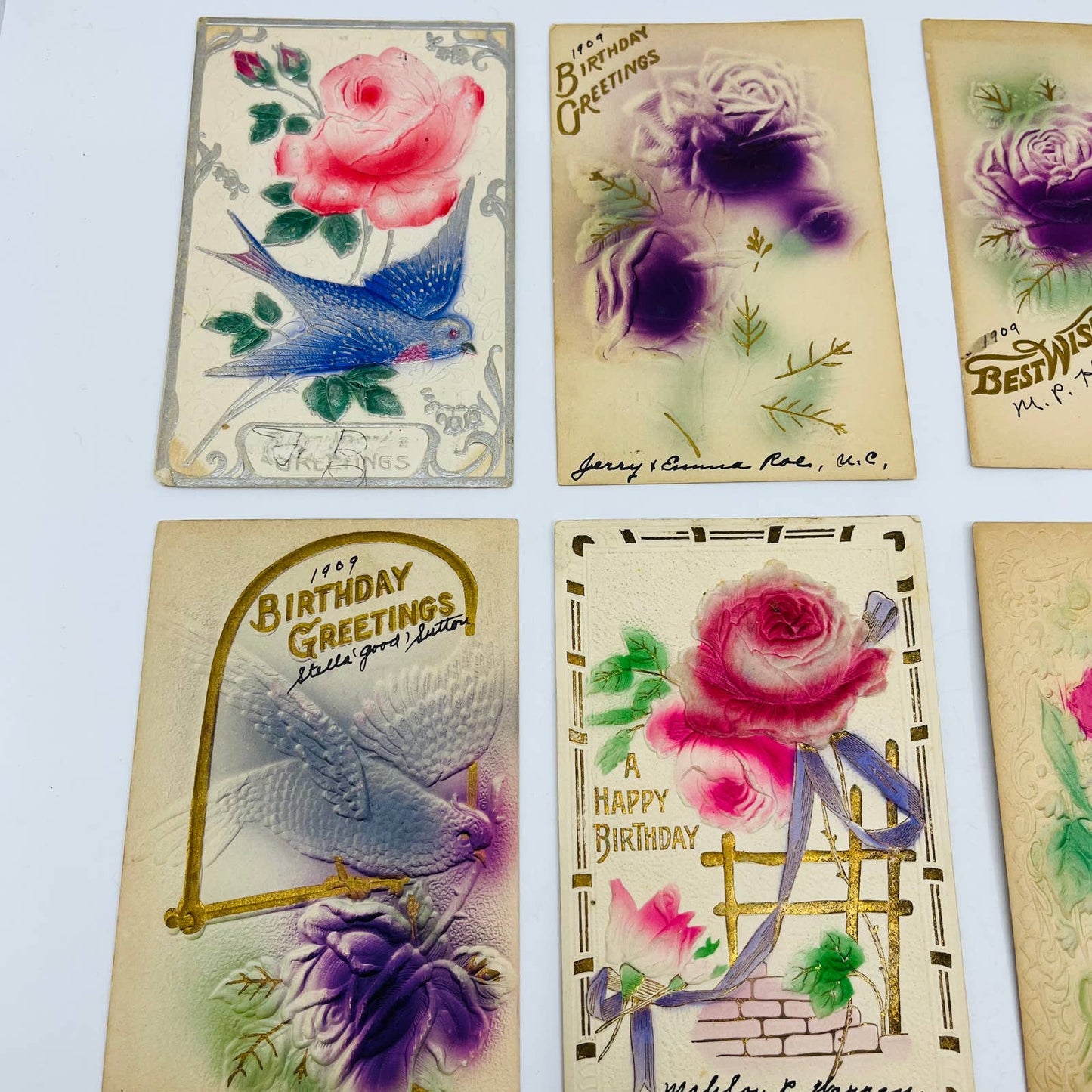 1910s Birthday Post Card Lot of 8 Airbrushed Floral Flower Embossed Cards TD1-AB