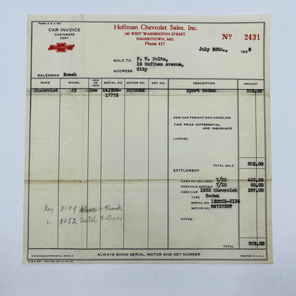 1939 Chevrolet JB Sport Sedan Invoice $802 Hoffman Chevrolet Hagerstown MD D1