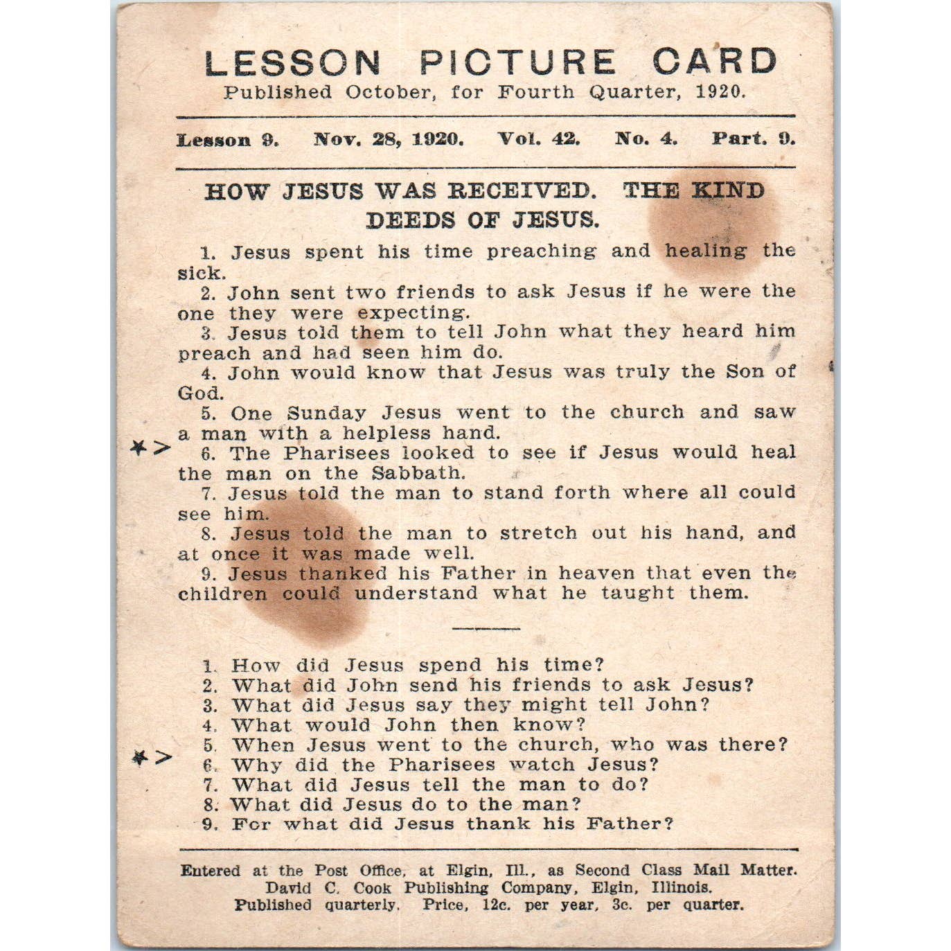 1920 Christian Lesson Picture Card How Jesus Was Received SE5
