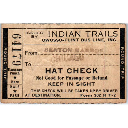 1930s Hat Check Stub Indian Trails Bus Lines Benton Harbor to Chicago SE5