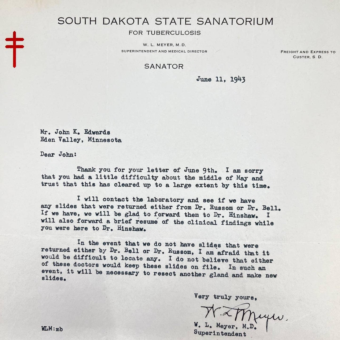 1943 South Dakota Sanitorium for Tuberculosis Letterhead John K. Edwards AA7