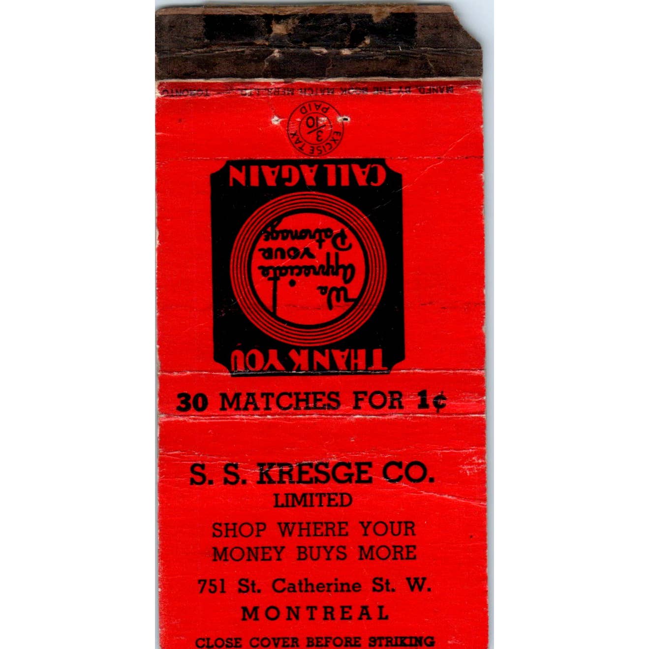 S.S. Kresge Co. Montreal Canada Advertising Matchbook Cover SA1-M7