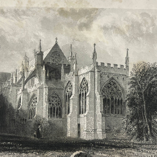 1836 Original Art Engraving Exeter Cathedral View from the Bishop's Garden AC4
