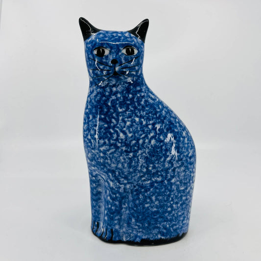 Vtg Calico China Blue Sponge Ware Design Sitting Cat Figurine Folk Art 11” TC2