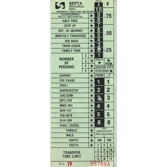 Vintage Septa Regional Rail Passenger's Train Ticket and Receipt SE8