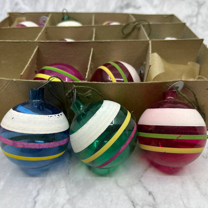 RARE WWII Era Unsilvered SHINY BRITE Striped Glass Ball Ornaments Lot of 11