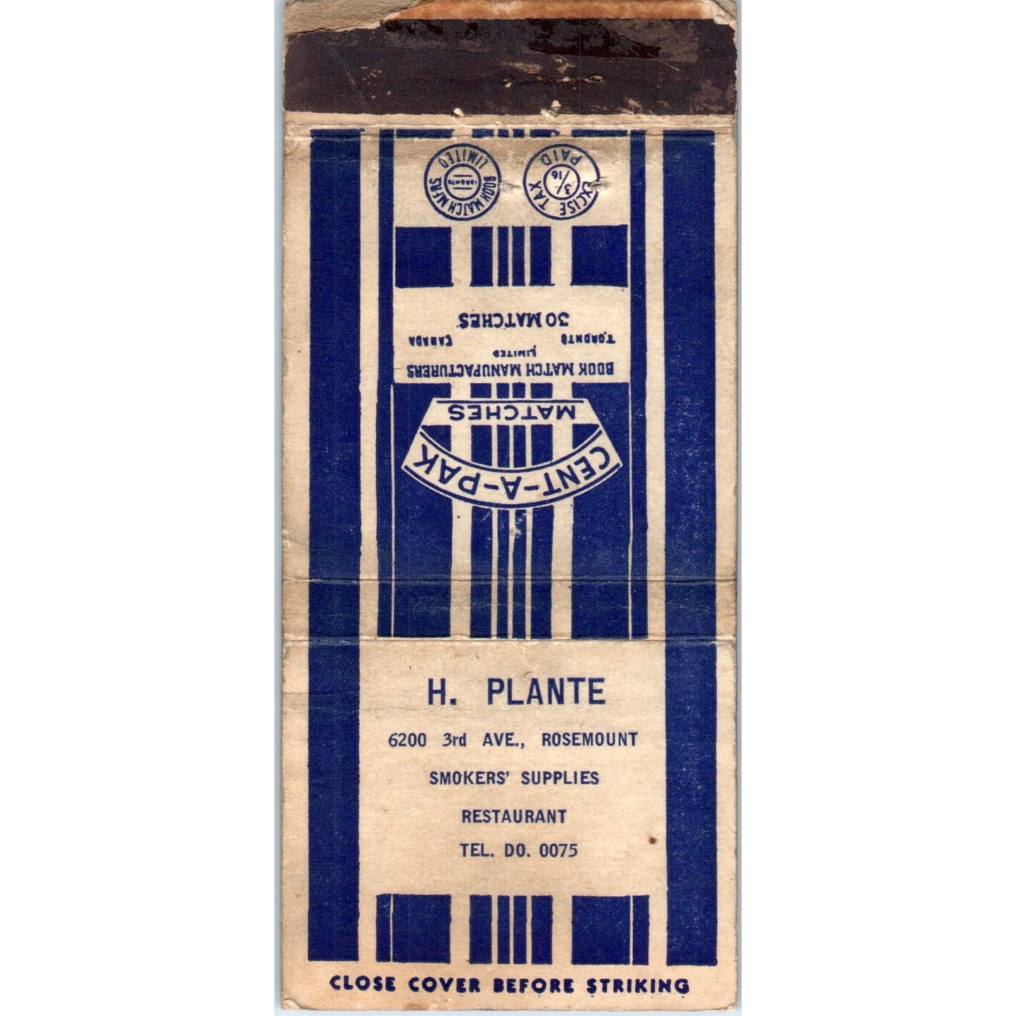H. Plante Smokers' Supplies Rosemount Advertising Matchbook Cover MM10-3