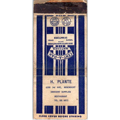 H. Plante Smokers' Supplies Rosemount Advertising Matchbook Cover MM10-3