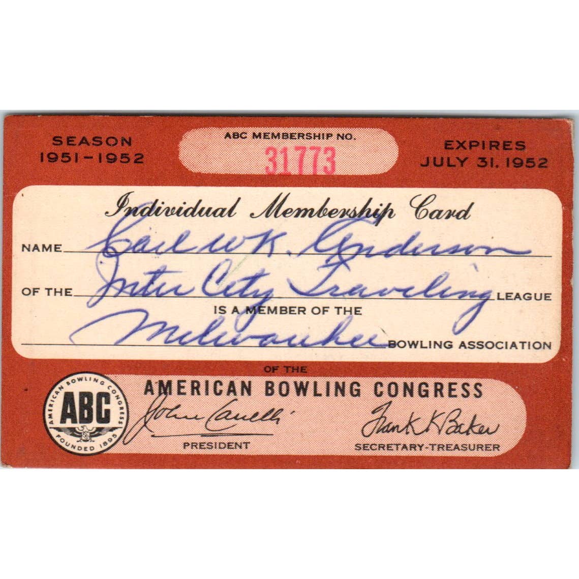 1951 American Bowling Congress Milwaukee Membership Intercity Traveling SE5-39