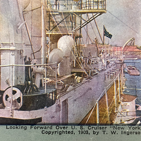 Looking Forward over U.S. Cruiser New York 1903 Antique Stereoview Card TJ9-V4