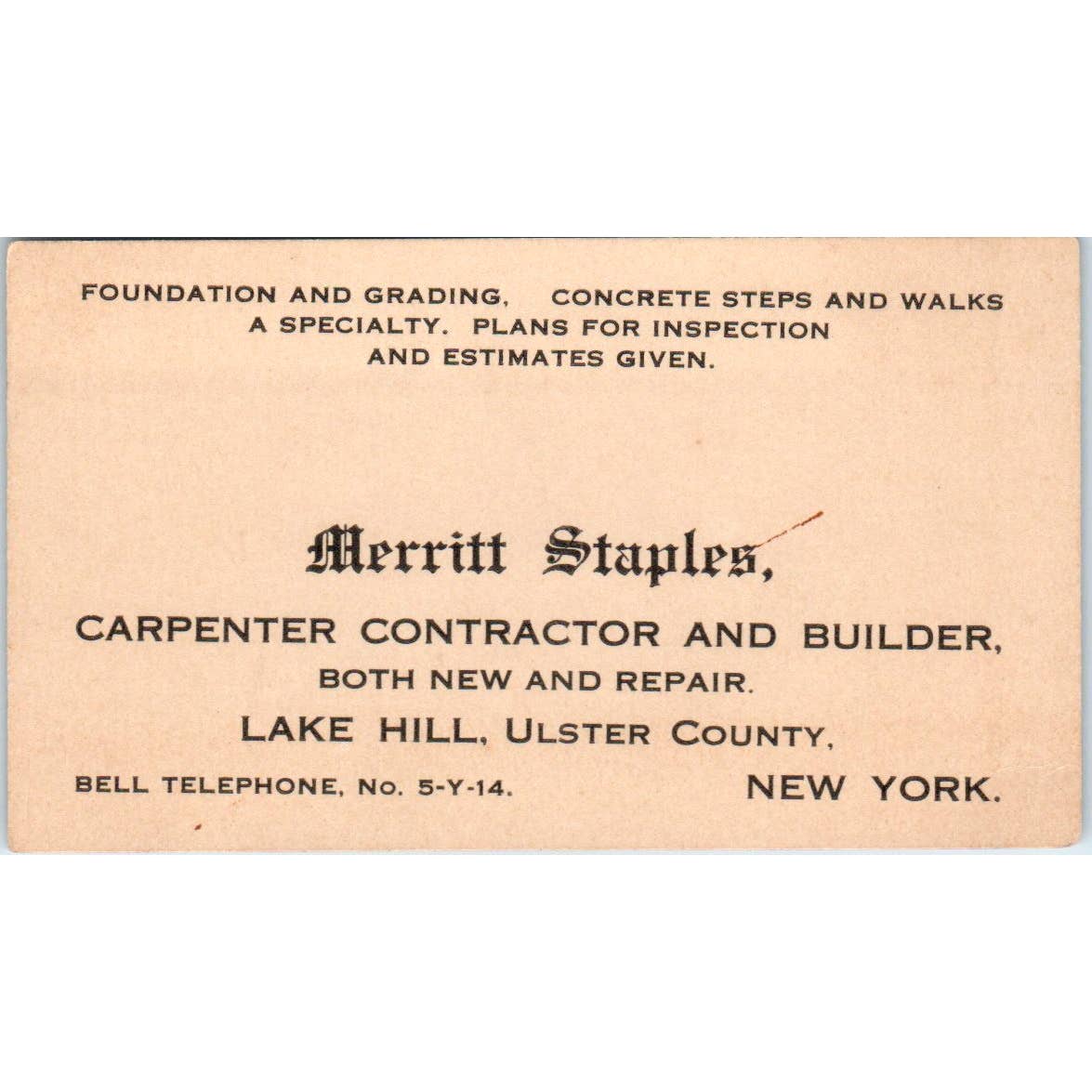 Merritt Staples Carpenter Lake Hill Ulster County NY Business Card TK2-CC