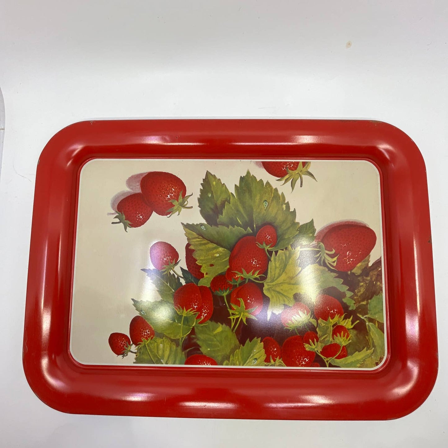 Vintage Set of 2 MCM Strawberry Toleware Tin Litho Trays 17.5 x 13” TI-1