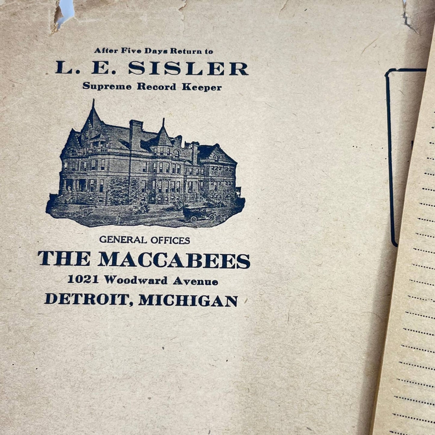 c1910s Envelope of Remittance Blanks L.E. Sisley The Maccabees Detroit MI TE8