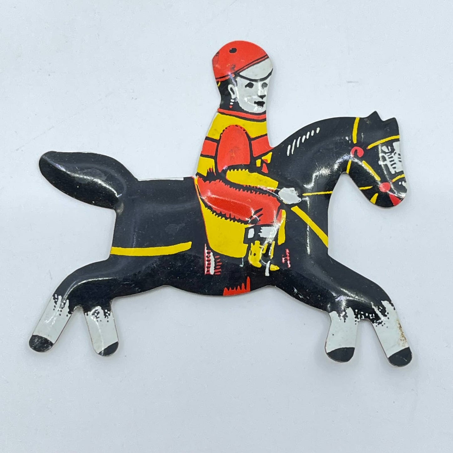 Vintage 1940s Cracker Jack Prize Toy Tin Litho Jockey Rider and Black Horse SD3