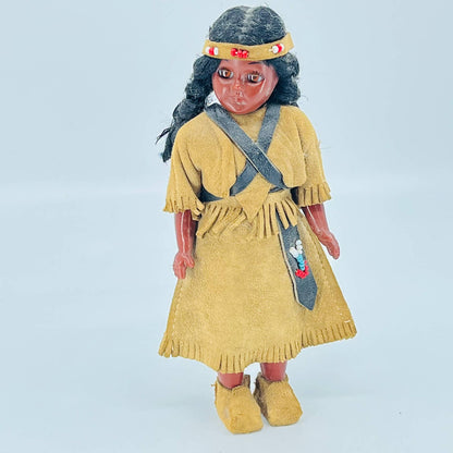 Vintage Native American Indian Girl Doll Brown Leather Skirt 7” TB5