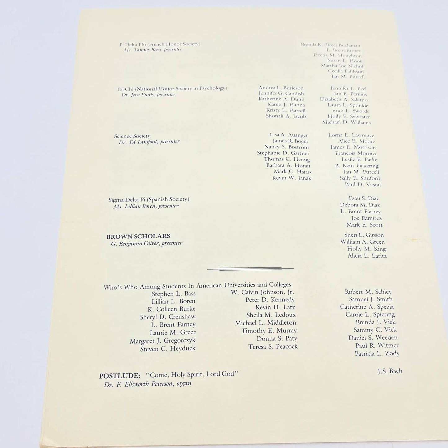 1985 Southwestern University Honors Assembly Program Lois Perkins Chapel AB7