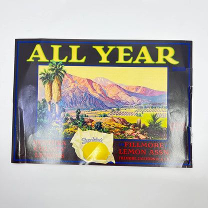 Original 1930's All Year Sunkist Lemons Crate Label Ventura Fillmore CA FL3