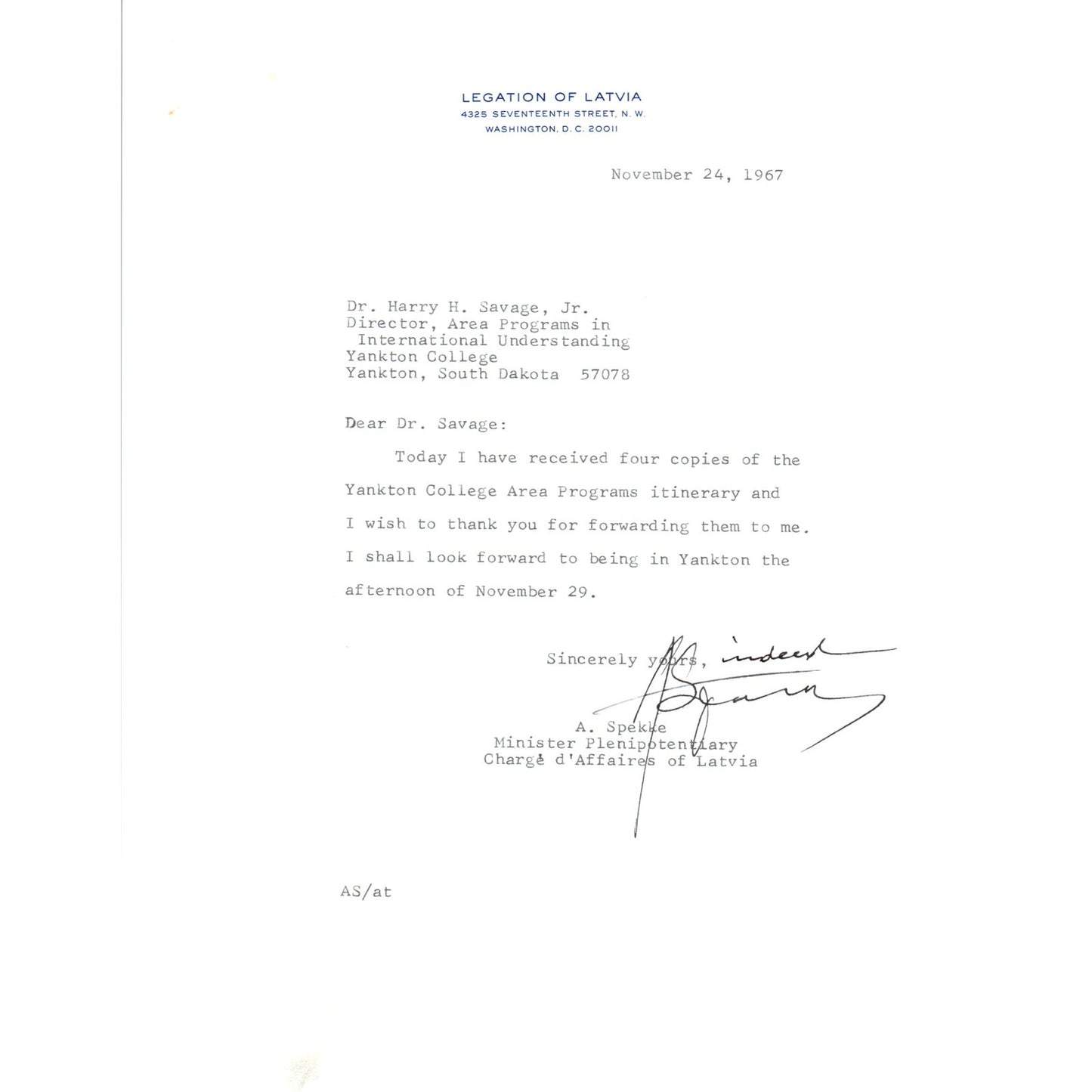 Legation of Latvia Official Letterhead Memo A. Spekke Nov 1967 B13