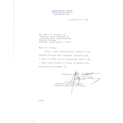 Legation of Latvia Official Letterhead Memo A. Spekke Nov 1967 B13