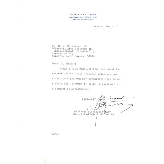 Legation of Latvia Official Letterhead Memo A. Spekke Nov 1967 B13