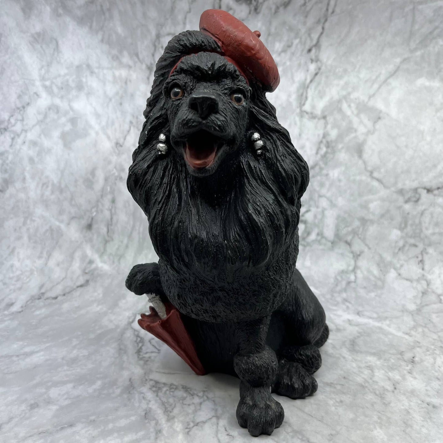 Vintage LARGE Black Poodle Statue With Red Beret and Earrings Cast Resin 11" TJ2