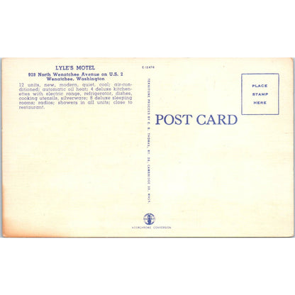 Antique Postcard Lyle's Motel on U.S. 2 Wenatchee Washington TD9