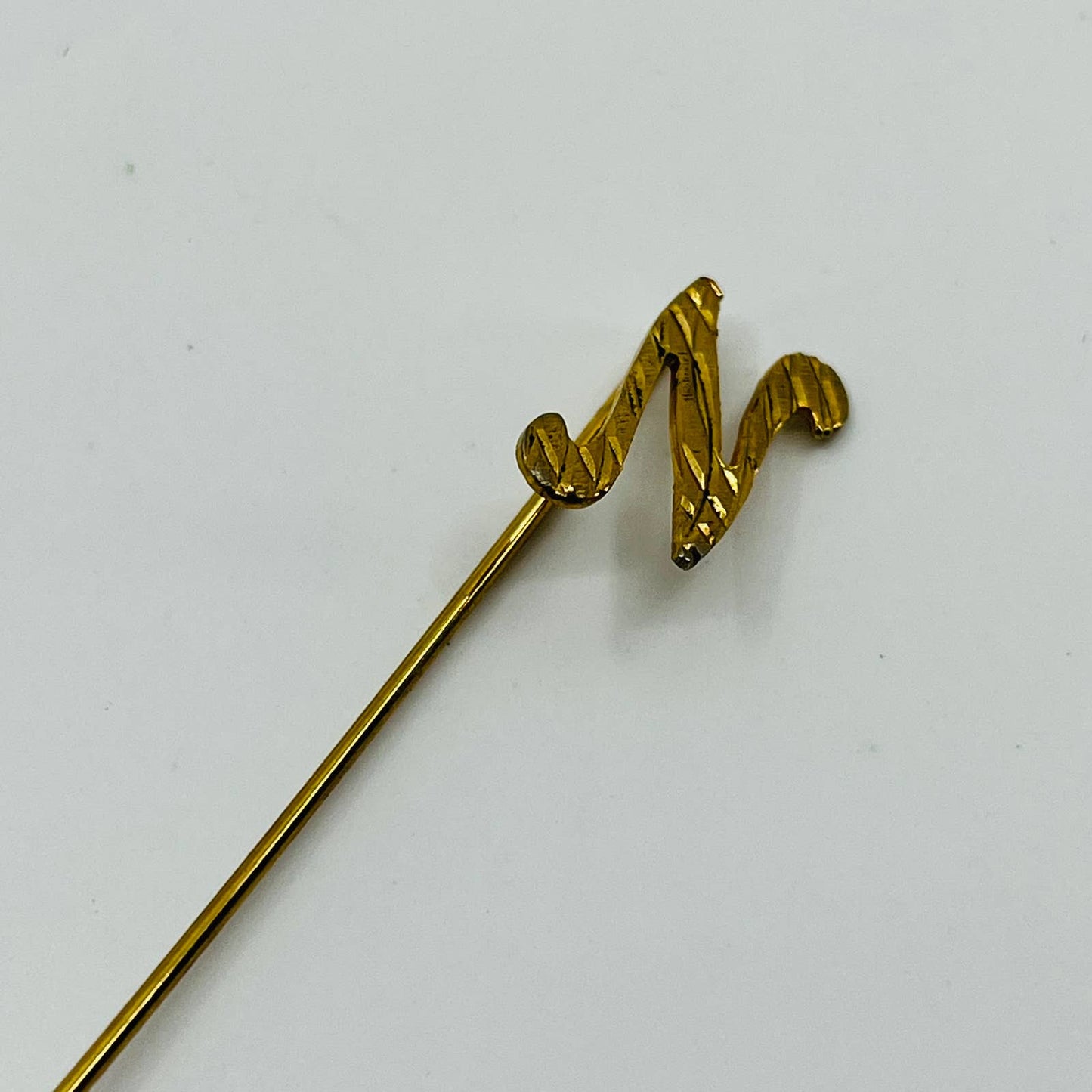 Vintage MCM Hat Lapel Stick Pin Gold Tone “N” 2 1/2” SB3