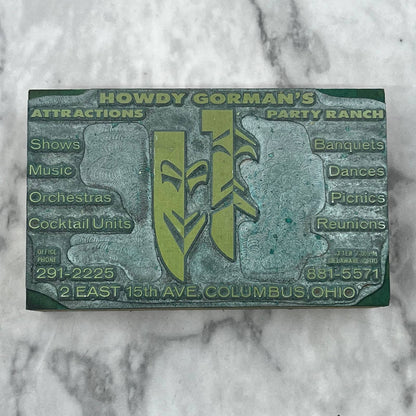 VTG Letterpress Printers Block Plate Howdy Gorman's Party Ranch Columbus OH TJ55