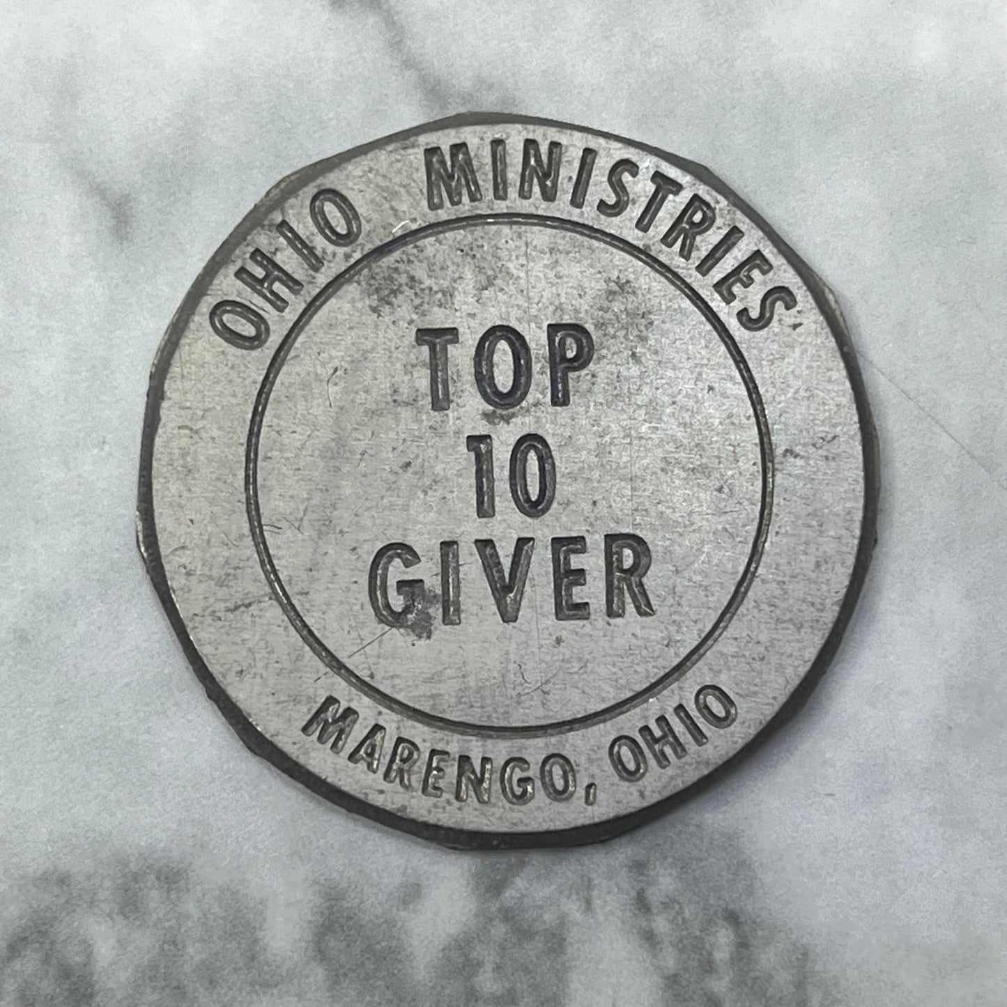 Vtg Letterpress Printers Block Plate Marengo Ohio Ministries Top 10 Giver SE845