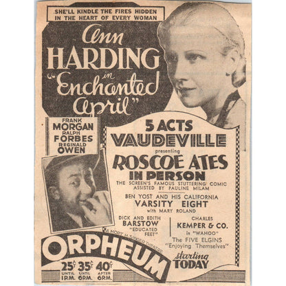 1935 Mpls Journal Newspaper Ad The Orpheum - Enchanted April Vaudeville FL5-5