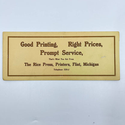 1920s Blotter Card Good Printing Right Prices - The Rice Press Flint MI SC8