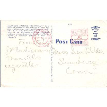 Harvey's Famous Restaurant 1949 Washington D.C. Original Postcard P1-16