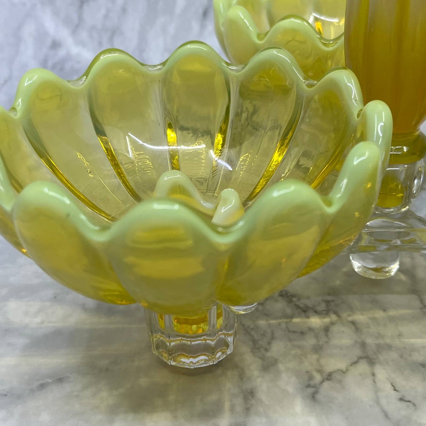 Fostoria Heirloom Opalescent Yellow Vaseline Glass Table Charm Set Glows TA9