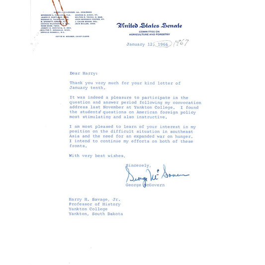 South Dakota Senator George McGovern Official Letterhead Signed 1966-67 TK1-GM