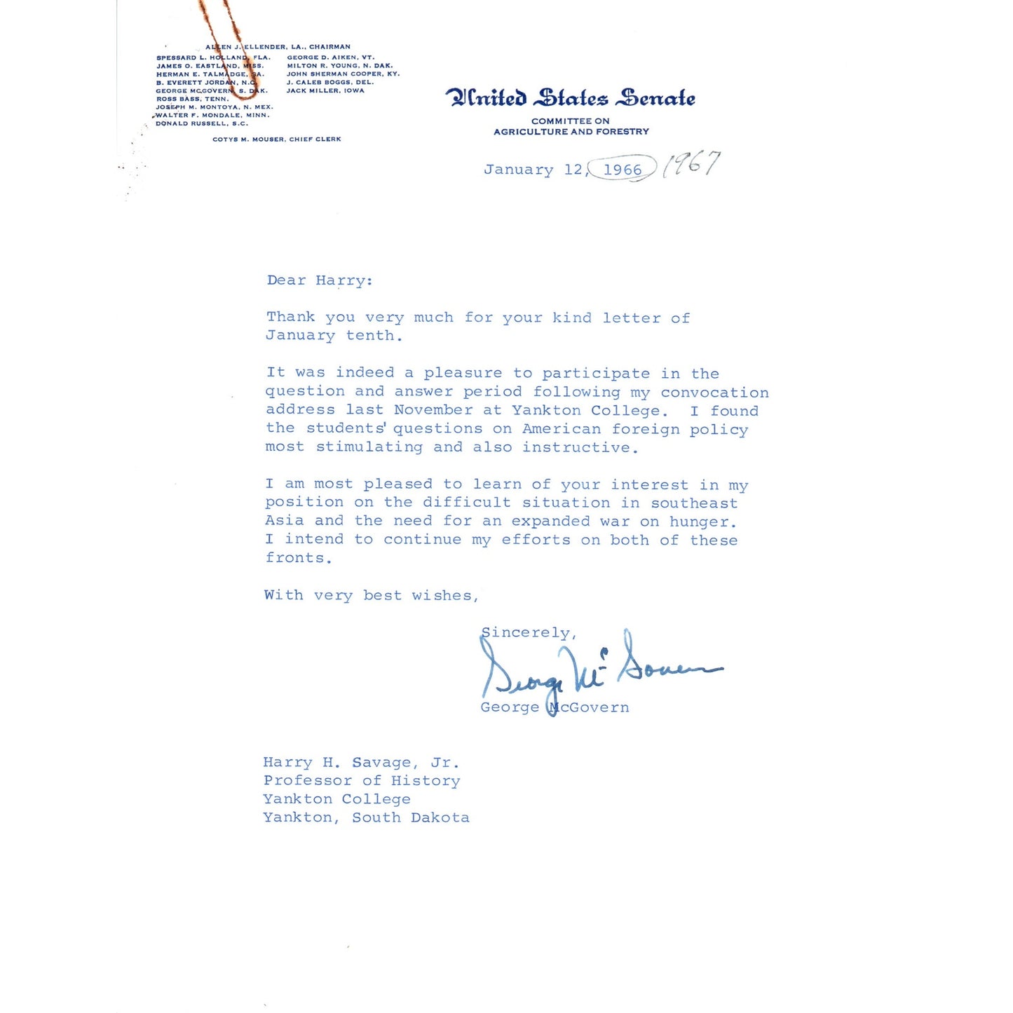 South Dakota Senator George McGovern Official Letterhead Signed 1966-67 B12