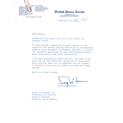 South Dakota Senator George McGovern Official Letterhead Signed 1966-67 B12