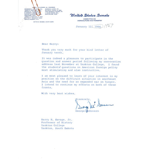 South Dakota Senator George McGovern Official Letterhead Signed 1966-67 B12