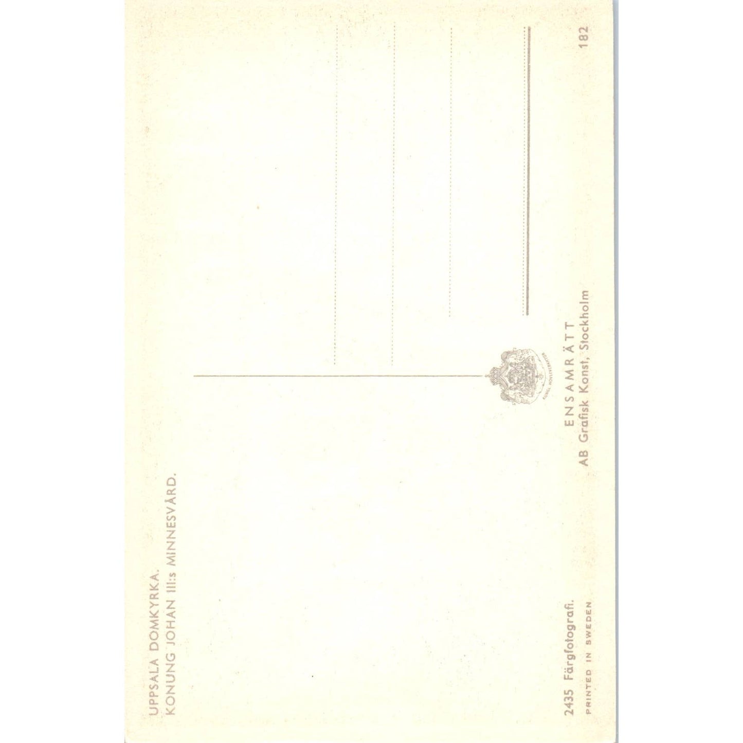 Uppsala Domkyrka Konung Johan III:s Minnesvärd Sweden Original Postcard TK1-21