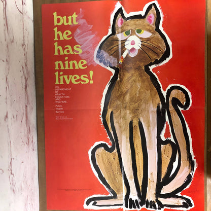 Rare 1970s Anti-Smoking School Poster But he has nine lives! Cat 21 x 16” AC9