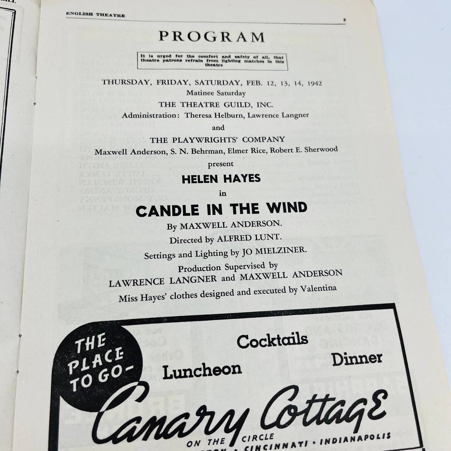 1942 English Theatre Playbill CANDLE IN THE WIND Evansville Indianapolis C4