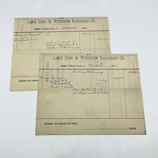 1892 Lake Erie & Western Railroad Co. Journal Voucher RR Lot of 2 AB1-6