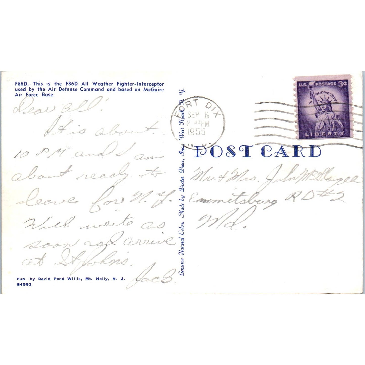 Vintage Postcard F86-D All Weather Fighter Interceptor Plane EA3