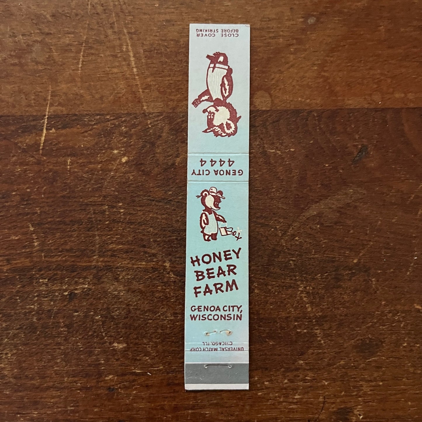 Honey Bear Farm Genoa City WI Slim Advertising Matchbook Cover MM11-5