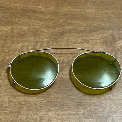 Vintage Art Deco Etched Brass and Olive Green Lens Clip on Sunglasses